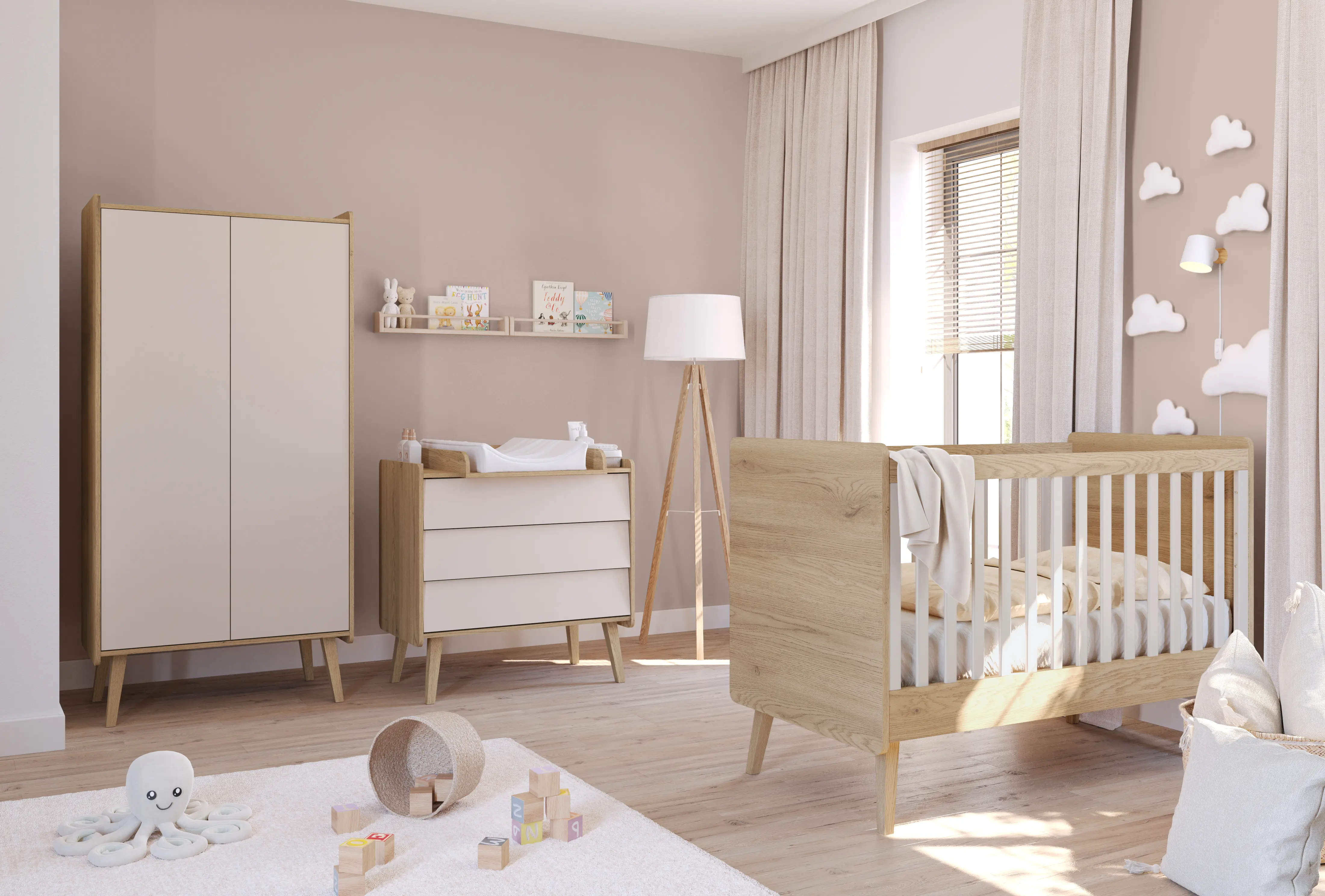Vintage Fresh Babyzimmer – Babybett, Kommode und Kleiderschrank in Cremona Eiche und Sandbeige